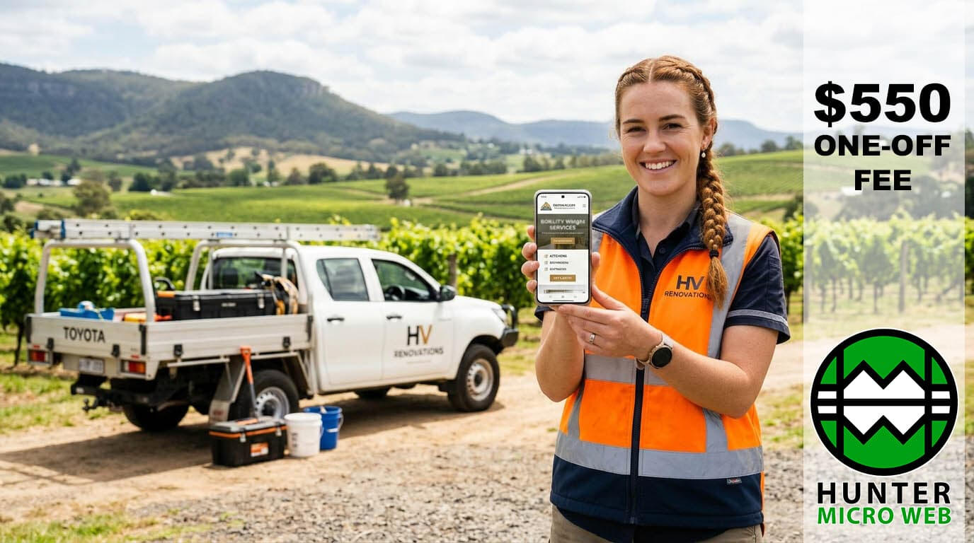 Hunter Micro Web main image Hunter Valley tradie holding up a phone with her micro website on it.
